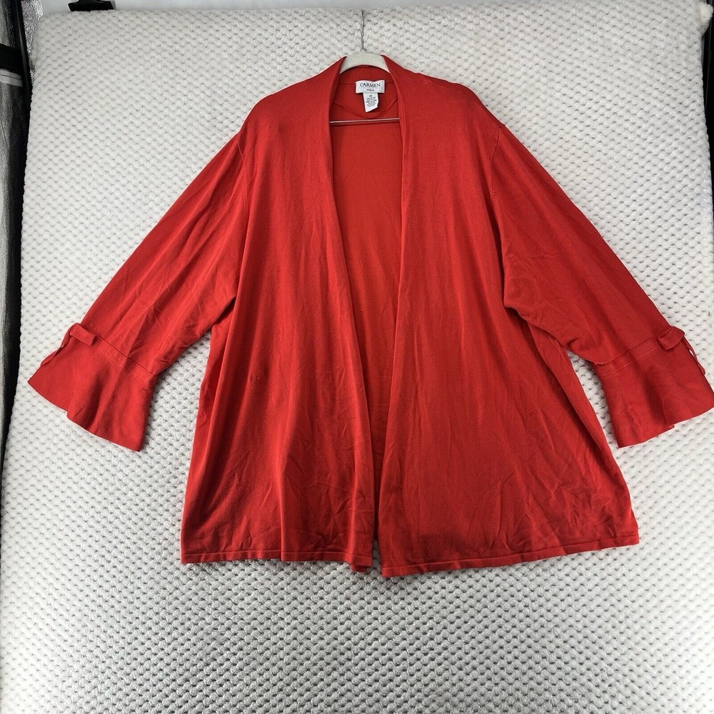 Carmen Marc Valvo Open Front Cardigan Bell Sleeve Knit Top Red 3X‎